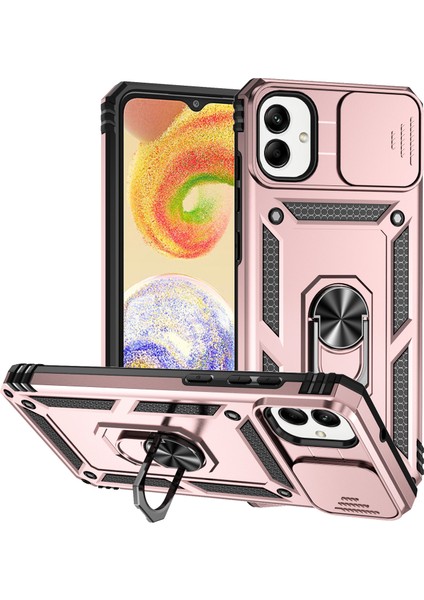 Samsung Galaxy A05 Için Halka Ayaklı ve Kayar Kamera Kapaklı Telefon Kılıf - Rose Gold (Yurt Dışından)