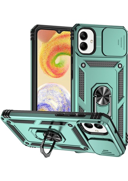 Samsung Galaxy A05 Için Halka Ayaklı ve Kayar Kamera Kapaklı Telefon Kılıf - Yeşil (Yurt Dışından)
