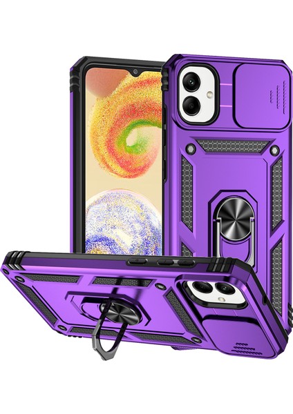 Samsung Galaxy A05 Için Halka Ayaklı ve Kayar Kamera Kapaklı Telefon Kılıf - Mor (Yurt Dışından)