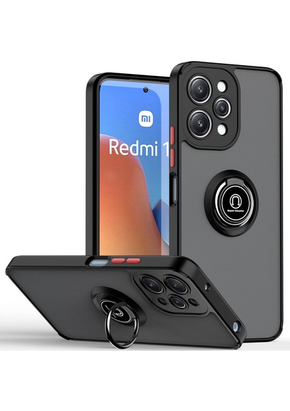 Xiaomi Redmi 12 Için Yüzük Stand Mat Sert Silikon Telefon Kılıfı - Siyah - Kırmızı (Yurt Dışından)
