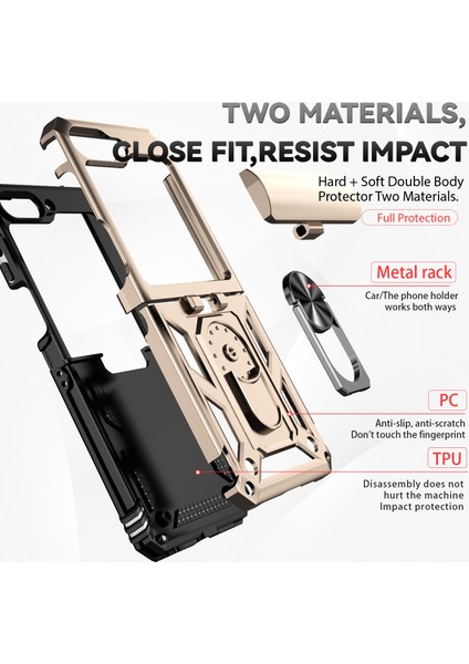 Samsung Galaxy Z Flip 5 Için Halka Ayaklı ve Kayar Kamera Kapaklı Telefon Kılıf - Altın (Yurt Dışından)