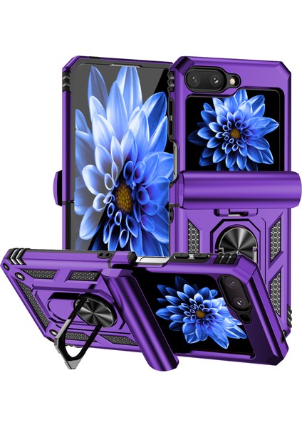 Samsung Galaxy Z Flip 5 Için Halka Ayaklı ve Kayar Kamera Kapaklı Telefon Kılıf - Mor (Yurt Dışından)
