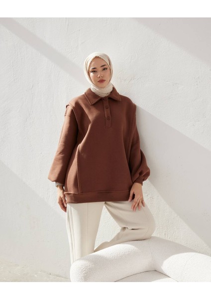 Polo Yaka Kahverengi Sweatshirt