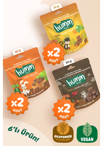 Humm Organic - Organik Glutensiz Vegan Kek Atıştırmalık Paketi - 6 Adet (3 Çeşit)