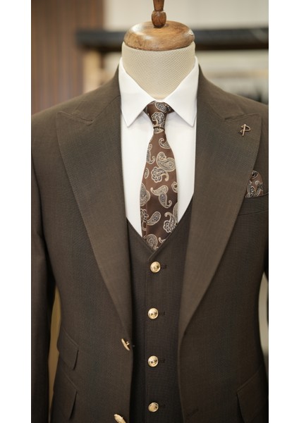Erkek Takım Elbise Metal Düğme Kırlangıç Yaka Italyan Kesim Slim Fit Ceket Pantolon-Acı Kahve indirimleri
