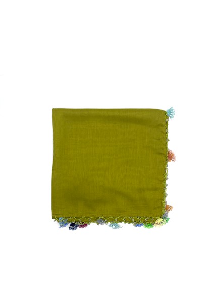 Pamuklu El Işi Kurdele Oyalı Boncuklu Eşarp Yüksek Kalite Yazma 100X100CM Kelebek Boncuklu
