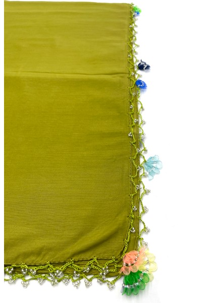 Pamuklu El Işi Kurdele Oyalı Boncuklu Eşarp Yüksek Kalite Yazma 100X100CM Kelebek Boncuklu