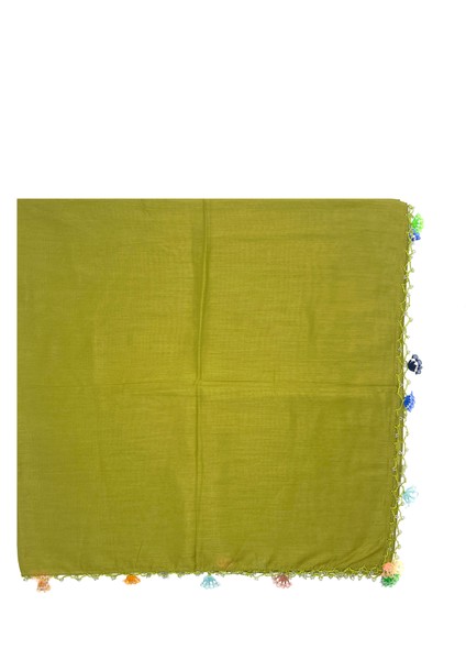 Pamuklu El Işi Kurdele Oyalı Boncuklu Eşarp Yüksek Kalite Yazma 100X100CM Kelebek Boncuklu