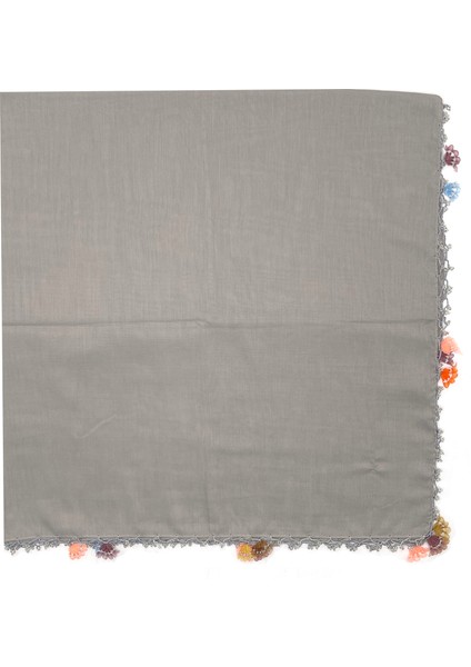 Pamuklu El Işi Kurdele Oyalı Boncuklu Eşarp Yüksek Kalite Yazma 100X100CM Kelebek Boncuklu