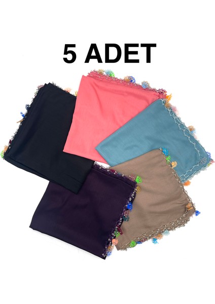 Pamuklu 5'li Set Kurdele Oyalı Boncuklu Eşarp Hediyelik Yazma 100X100CM Kelebek Toptan Dağıtmalık