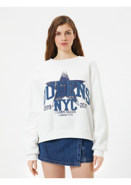Oversize Sweatshirt Yıldız Baskılı Bisiklet Yaka Uzun Kollu