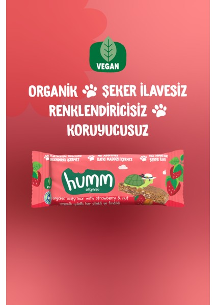 Humm Organic - Organik Vegan Çilekli ve Fındıklı Yulaf Bar - 12 Adet