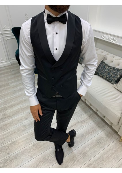 Battal Boy Erkek Smokin Damatlık Italyan Kesim Slim Fit Ceket Yelek Pantolon Papyon-Siyah