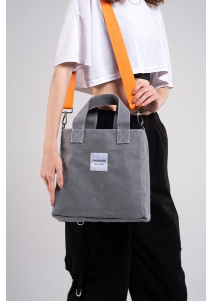 M Bag Kadın Gri Kanvas Turuncu Omuz Askılı Tote Bag Çanta