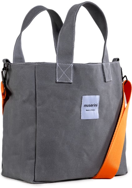 M Bag Kadın Gri Kanvas Turuncu Omuz Askılı Tote Bag Çanta modelleri