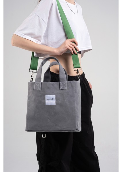 M Bag Kadın Gri Kanvas Yeşil Omuz Askılı Tote Bag Çanta