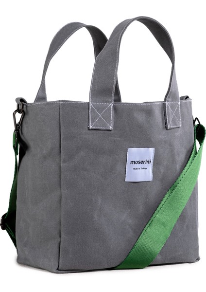 M Bag Kadın Gri Kanvas Yeşil Omuz Askılı Tote Bag Çanta modelleri