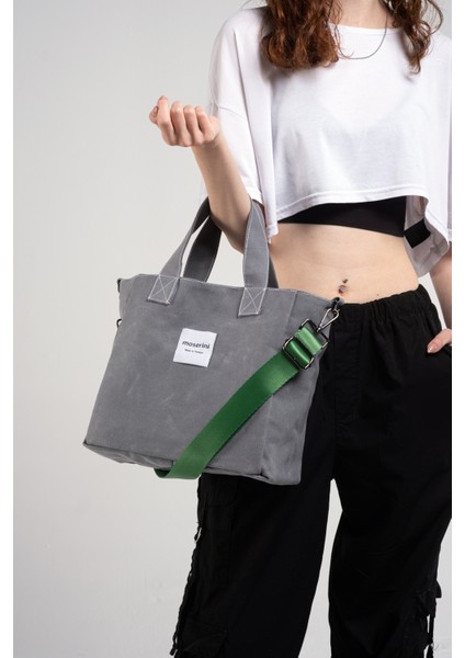 M Bag Kadın Gri Kanvas Yeşil Omuz Askılı Tote Bag Çanta indirimleri