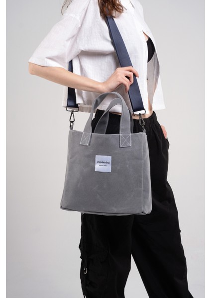 M Bag Kadın Gri Kanvas Lacivert Omuz Askılı Tote Bag Çanta