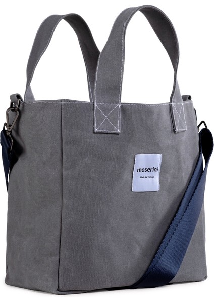 M Bag Kadın Gri Kanvas Lacivert Omuz Askılı Tote Bag Çanta modelleri