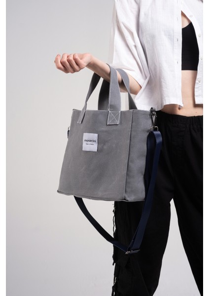 M Bag Kadın Gri Kanvas Lacivert Omuz Askılı Tote Bag Çanta indirimleri