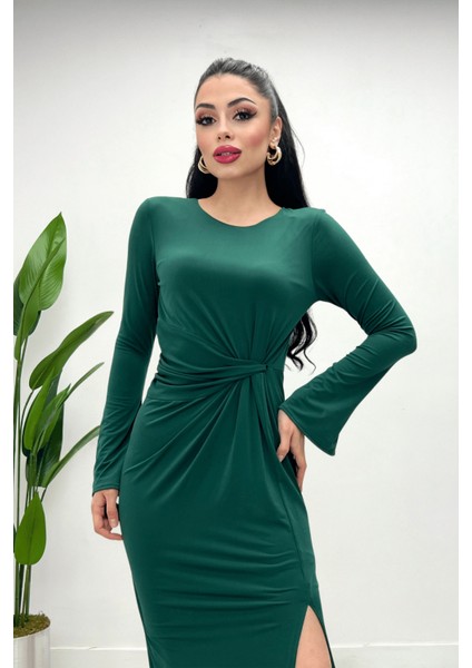 Jarse Kumaş Büzgü Detaylı Elbise - Zümrüt Yeşil