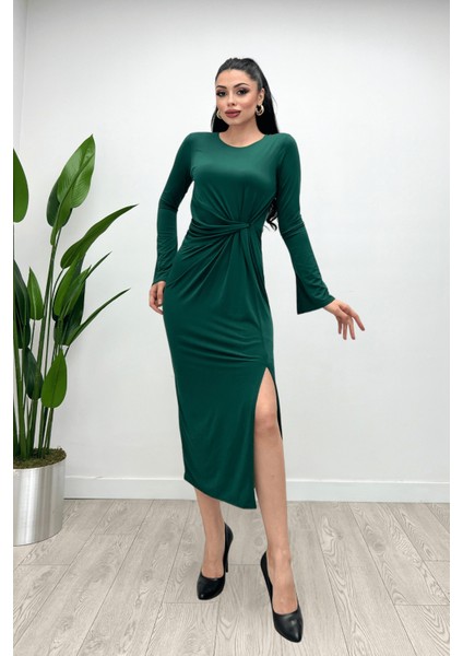 Jarse Kumaş Büzgü Detaylı Elbise - Zümrüt Yeşil fiyatları