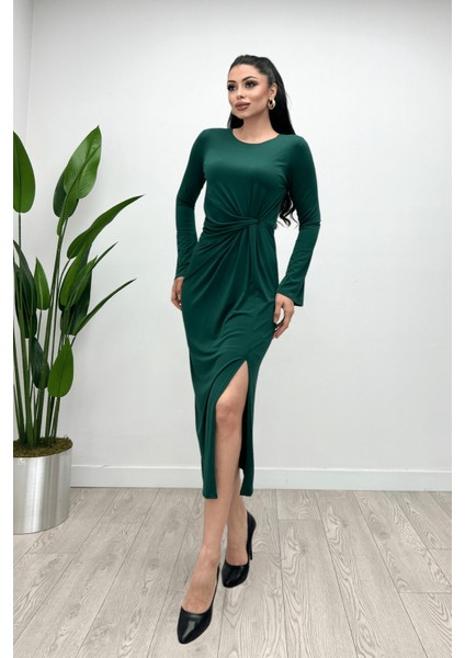 Jarse Kumaş Büzgü Detaylı Elbise - Zümrüt Yeşil fırsatları
