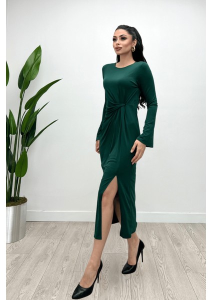 Jarse Kumaş Büzgü Detaylı Elbise - Zümrüt Yeşil indirimleri