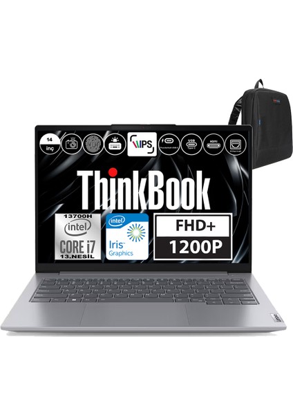 Thinkbook 14 Gen6 Intel Core I7 13700H 64GB Ddr5 512GB SSD Iris® Xe Graphics Windows 11 Home 14" Wuxga 300NIT Taşınabilir Bilgisayar 21KG004NTRH07 + Weblegelsin Çanta