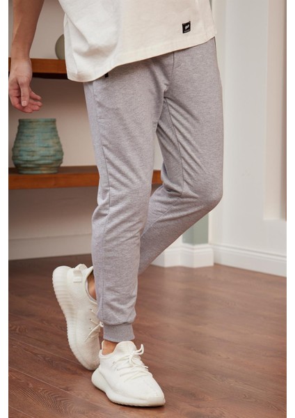Erkek Basic Fit Kalıp Eşofman Altı Gri Melanj - 948DNGR