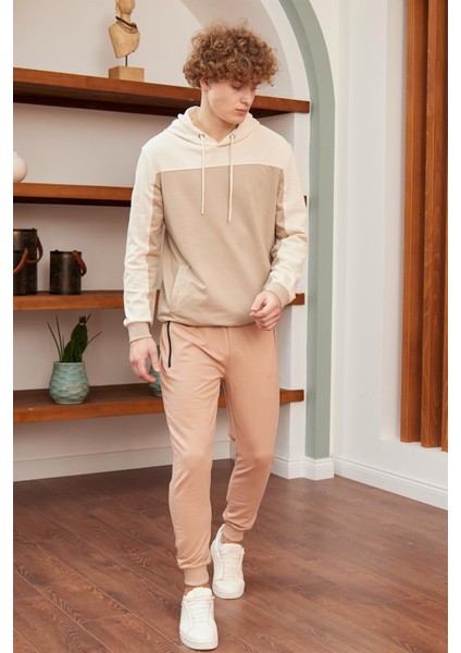 Erkek Basic Fit Kalıp Eşofman Altı Sütlü Kahve - 948DNGR
