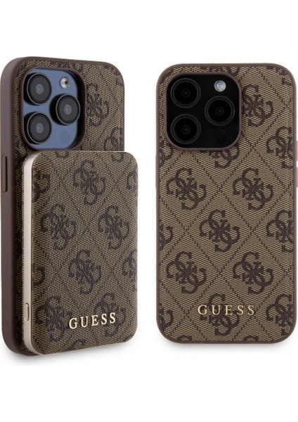 iPhone 14 Pro Kılıf Guess Orjinal Lisanslı Magsafe Özellikli Kapak + Powerbank 5000MAH Kahverengi