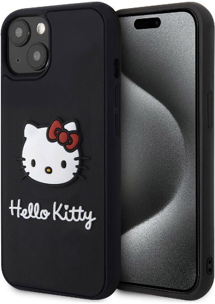 iPhone 15 Kılıf Hello Kitty Orjinal Lisanslı Yazı ve Ikonik Logolu 3D Rubber Kitty Head Kapak Siyah