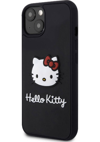 iPhone 15 Kılıf Hello Kitty Orjinal Lisanslı Yazı ve Ikonik Logolu 3D Rubber Kitty Head Kapak Siyah