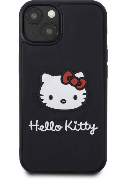 iPhone 15 Kılıf Hello Kitty Orjinal Lisanslı Yazı ve Ikonik Logolu 3D Rubber Kitty Head Kapak Siyah