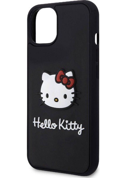 iPhone 15 Kılıf Hello Kitty Orjinal Lisanslı Yazı ve Ikonik Logolu 3D Rubber Kitty Head Kapak Siyah