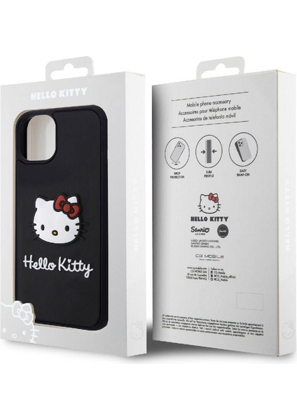 iPhone 15 Kılıf Hello Kitty Orjinal Lisanslı Yazı ve Ikonik Logolu 3D Rubber Kitty Head Kapak Siyah