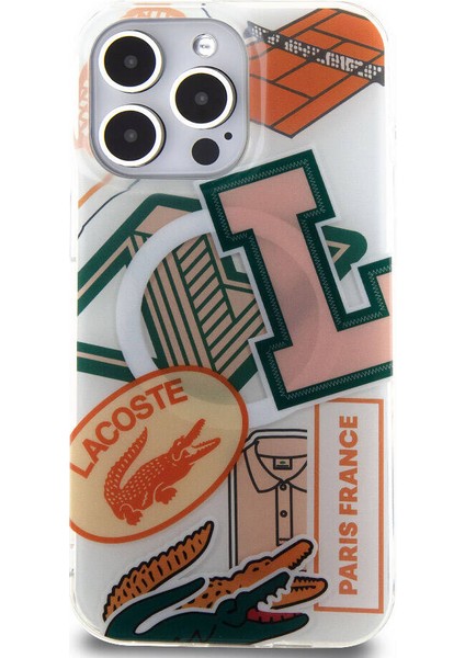 iPhone 15 Pro Max Kılıf Lacoste Orjinal Lisanslı Magsafe Şarj Özellikli Yamalar Desenli Turuncu