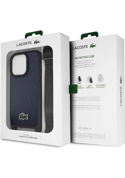 iPhone 14 Pro Kılıf Lacoste Orjinal Lisanslı Pu Pike Desen Askılı Ikonik Timsah Dokuma Logo Lacivert