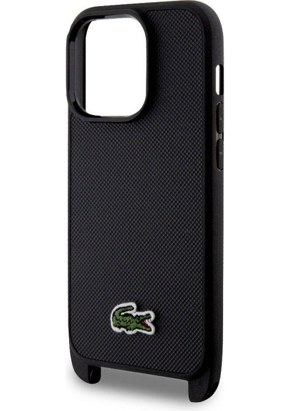 iPhone 14 Pro Kılıf Lacoste Orjinal Lisanslı Pu Pike Desenli Askılı Ikonik Timsah Dokuma Logo Siyah