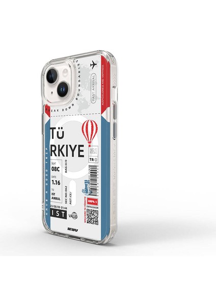 iPhone 15 Kılıf Magsafe Şarj Özellikli Bilet Desenli Wiwu Turkey B Serisi Kapak Mavi