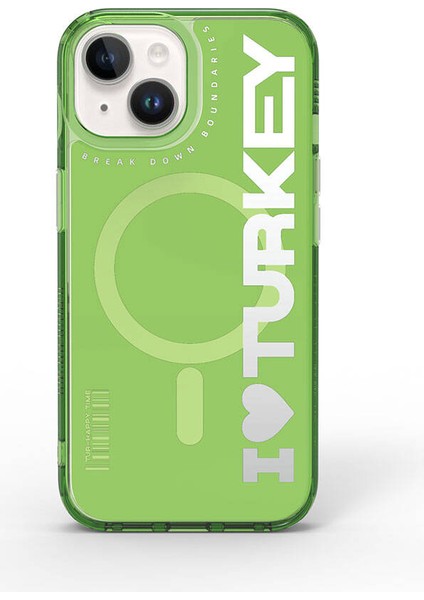 iPhone 15 Kılıf Magsafe Şarj Özellikli I Love Turkey Yazı Desenli Wiwu Turkey E Serisi Kapak Yeşil