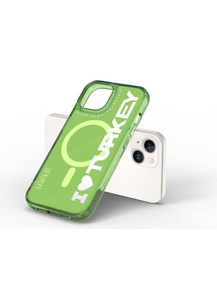 iPhone 15 Kılıf Magsafe Şarj Özellikli I Love Turkey Yazı Desenli Wiwu Turkey E Serisi Kapak Yeşil