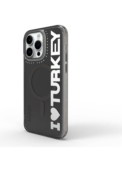 iPhone 15 Pro Kılıf Magsafe Şarj Özellikli I Love Turkey Yazı Desenli Wiwu Turkey E Serisi Siyah