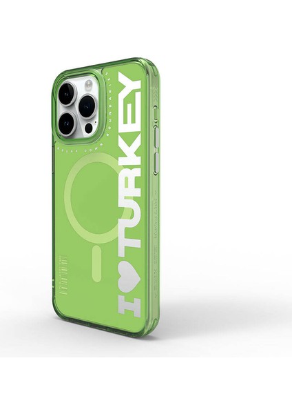 iPhone 15 Pro Kılıf Magsafe Şarj Özellikli I Love Turkey Yazı Desenli Wiwu Turkey E Serisi Yeşil