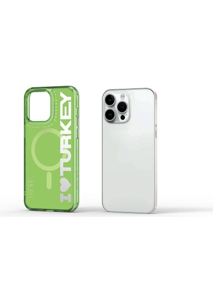 iPhone 15 Pro Kılıf Magsafe Şarj Özellikli I Love Turkey Yazı Desenli Wiwu Turkey E Serisi Yeşil