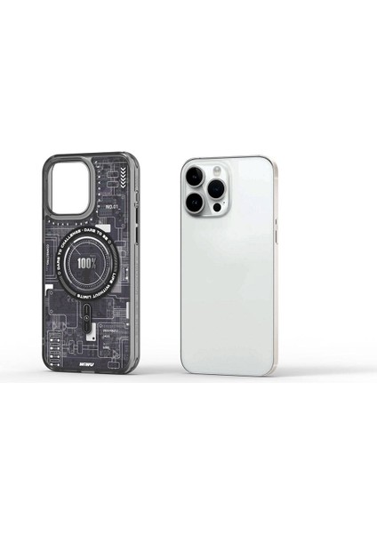 iPhone 15 Pro Max Kılıf Magsafe Şarj Özellikli Desenli Wiwu Mecha Circuit H Serisi Kapak Gri