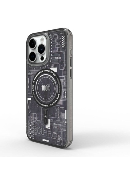 iPhone 15 Pro Max Kılıf Magsafe Şarj Özellikli Desenli Wiwu Mecha Circuit H Serisi Kapak Gri