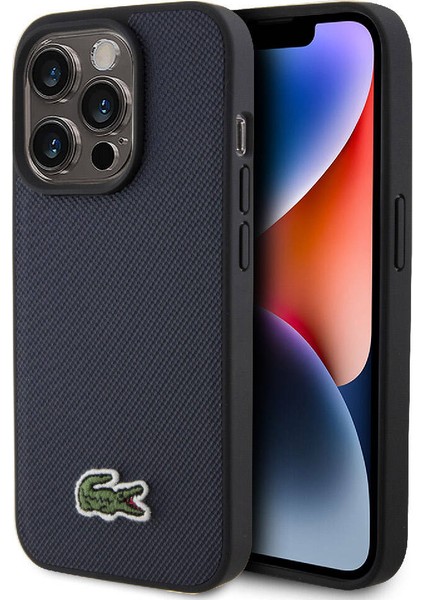 iPhone 15 Pro Max Kılıf Lacoste Orjinal Lisanslı Pu Pike Desenli Ikonik Timsah Dokuma Logo Lacivert